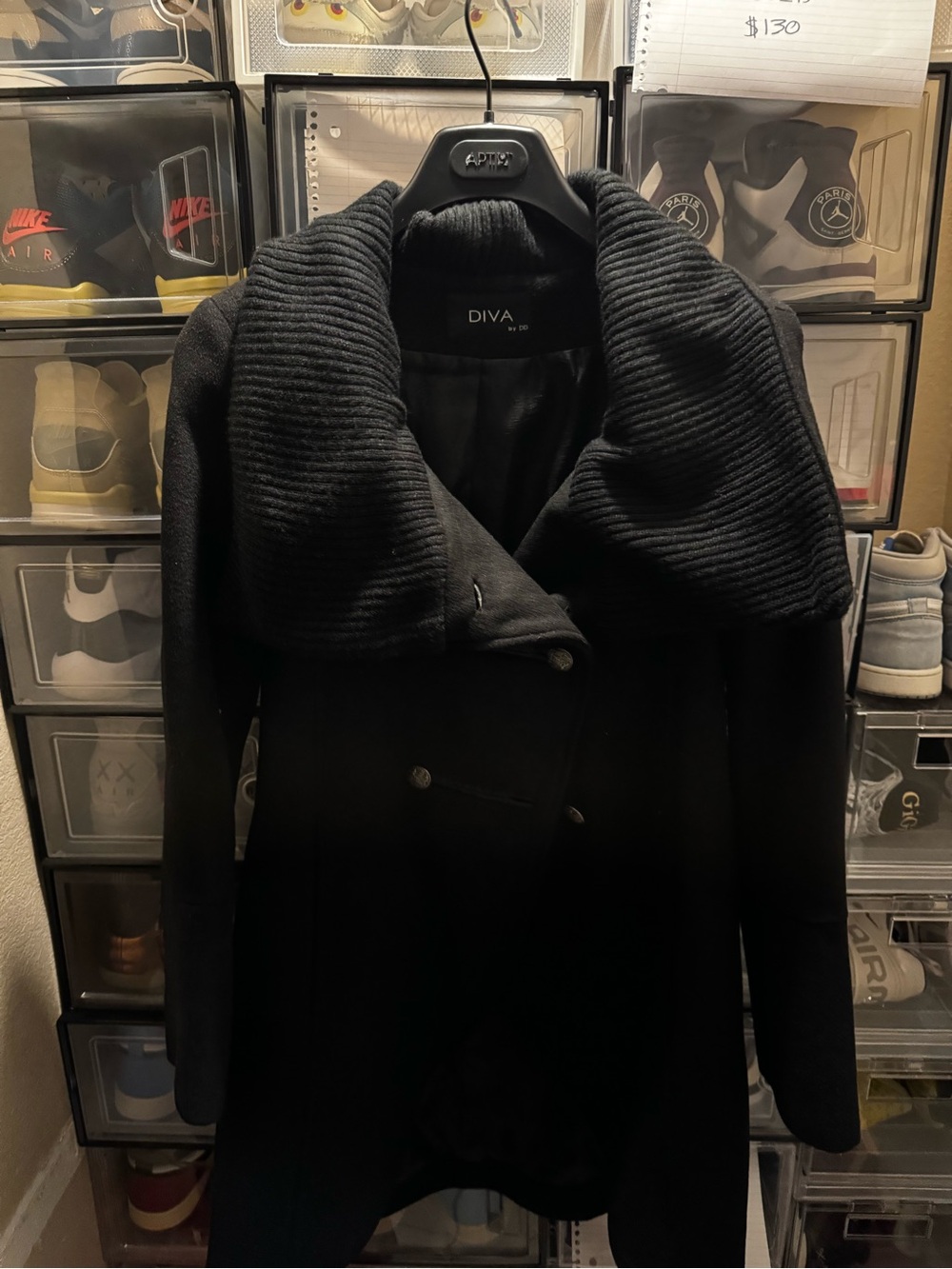 Diva Black Double-Breasted Shawl Collar Pea Coat